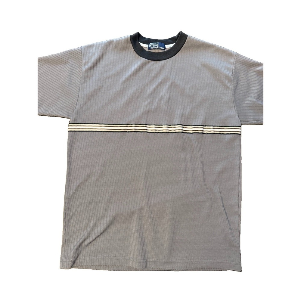 Vintage Polo Ralph Lauren Mens S/M 21" Ribbed Crewneck Shirt Gray Stripe 90s